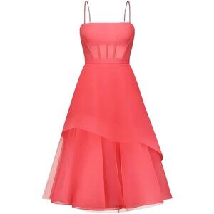 NWT BCBGMAXAZRIA Corset Fit & Flare Tiered Tulle Coral Pink Orange Midi Dress